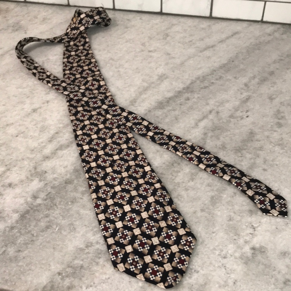Vintage Le Bils Silk Tie Geometric Brown Made in USA Mens Necktie Retro Western